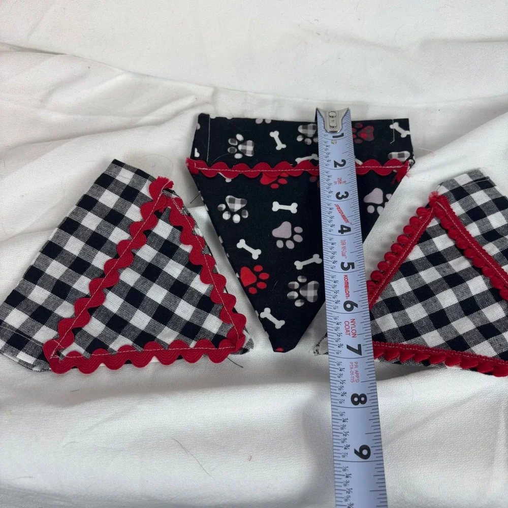 Set of 3 Handmade Dog Bandanas Over the Collar Buffalo Plaid Paw Print Red Trim